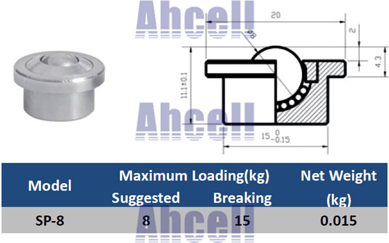 SP-8 thu nhỏ bóng đơn vị chuyển giao, 8mm nhỏ nhất bóng caster, 8kgs khả năng chịu tải đơn vị chuyển giao bóng